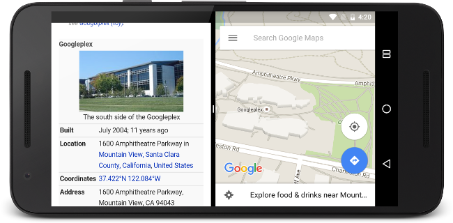 Ejemplo de visualización de dos aplicaciones en el modo de pantalla dividida de Android 