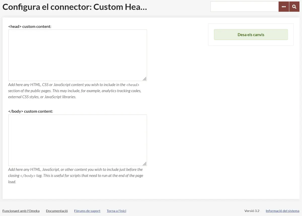Plugin Custom Head & Body Content para Omeka Classic