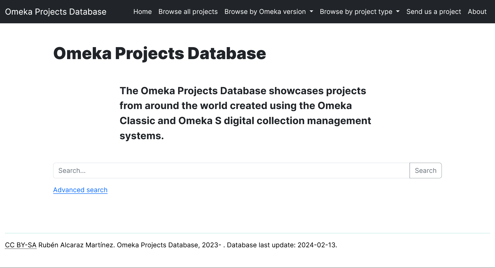 Página de inicio de Omeka Projects Database