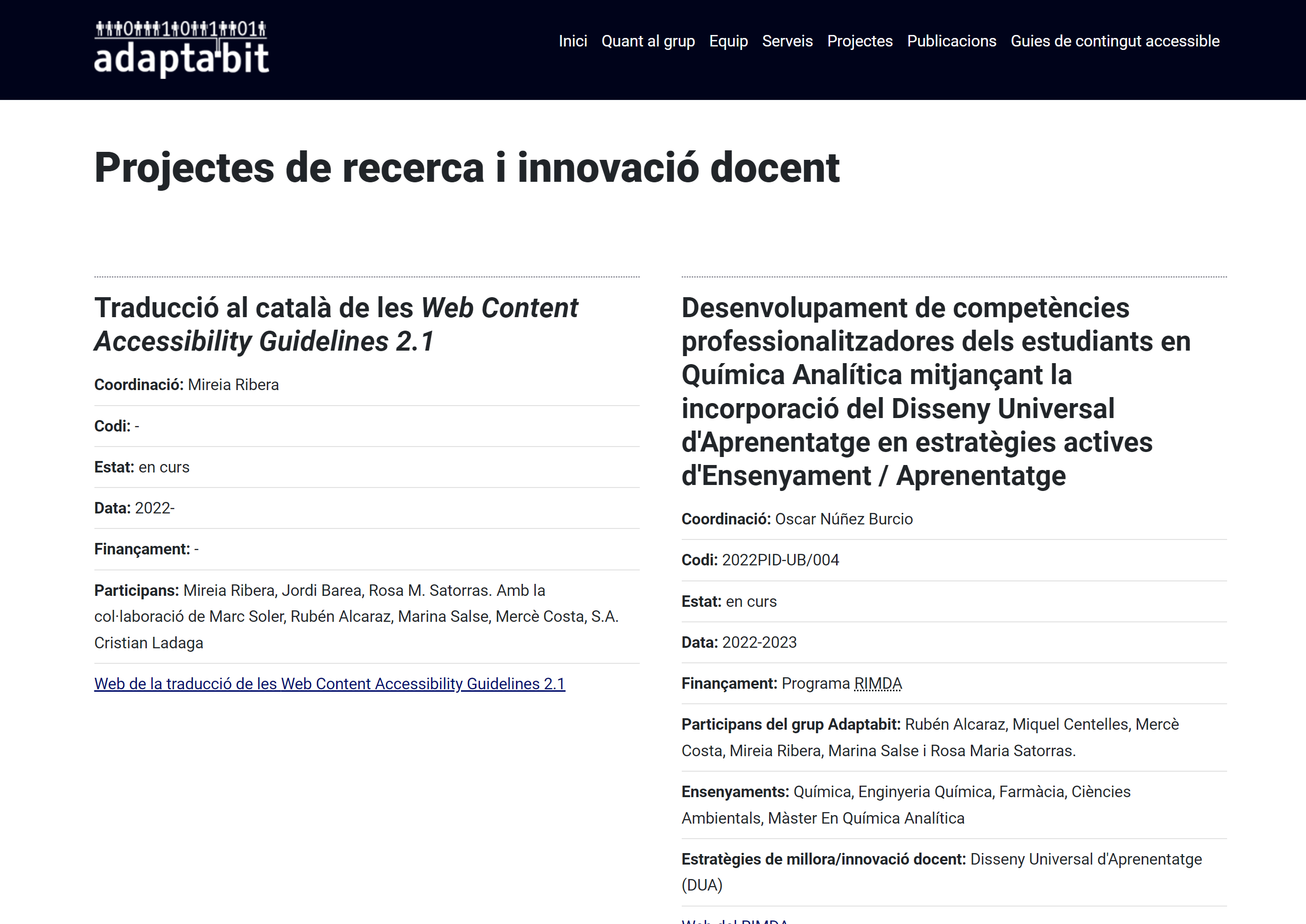 Web del grupo Adaptabit. Sección proyectos