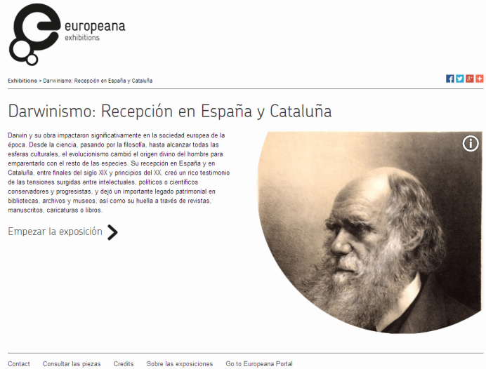 Figura 64. Página de inicio de la exposición Darwinismo: Recepción en España y Cataluña