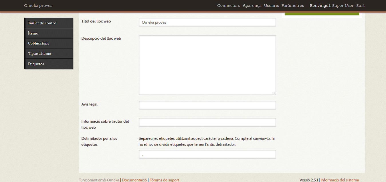 Opciones de configuraci&oacute;n de Omeka
