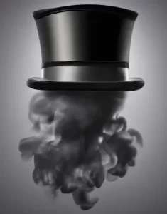 Representación del black hat SEO mediante un sombrero de copa negro sobre humo del mismo color.